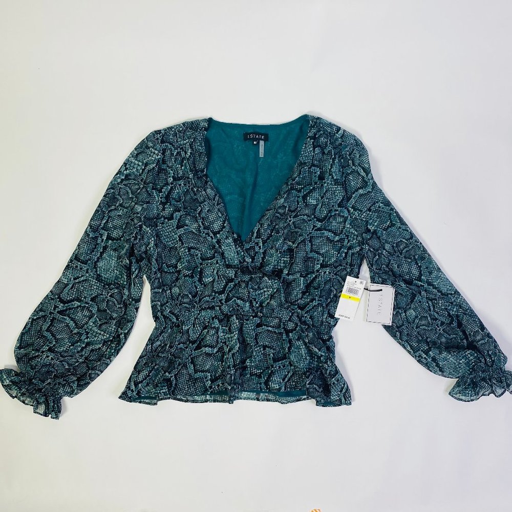 1. State Teal Snake-Print Peplum Wrap Blouse